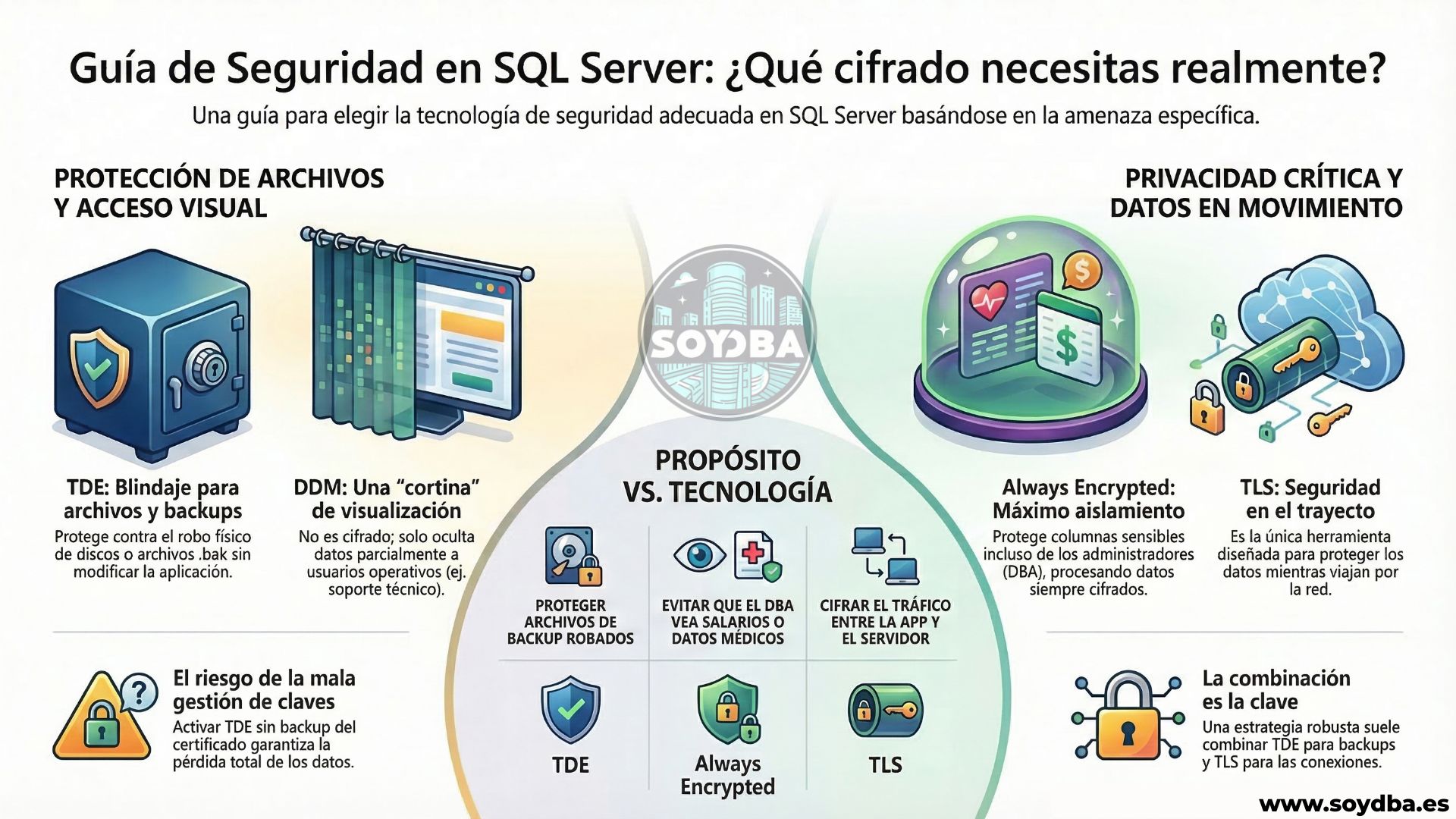 TDE, Always Encrypted, TLS y DDM: cuándo usar cada uno
